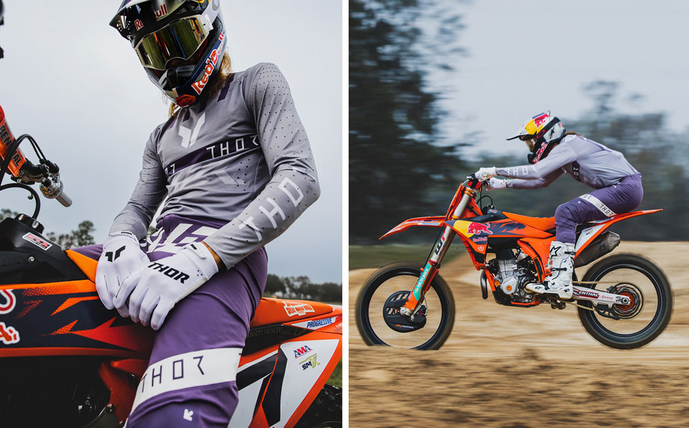 Aaron Plessinger wearing Thor Sportmode gearset in the Flite Gray/Purple colorway