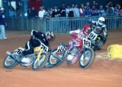 Terry Poovey (18 ATK) leads Clayton Hull (76N ATK) and Joey Duvall (91 Rotax) in the Open Pro Final at the Wichita Falls (Texas) Short Track race on 11-4-00. (Dan Mahony photo)