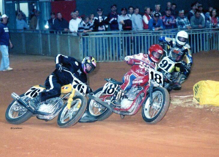 Terry Poovey (18 ATK) leads Clayton Hull (76N ATK) and Joey Duvall (91 Rotax) in the Open Pro Final at the Wichita Falls (Texas) Short Track race on 11-4-00. (Dan Mahony photo)