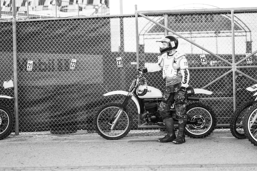 Rick Lehman with a 1977 Suzuki RM250B at 2025 Daytona Vintage Day