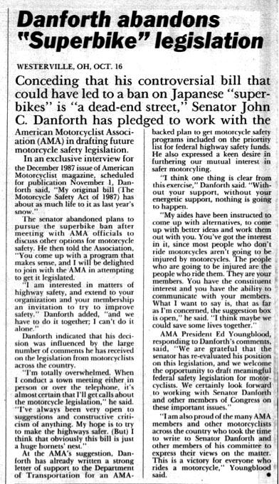Senator John Danforth tries to ban sportbikes in 1980s